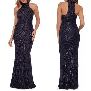 AQUA Sequin Argyle Halter Neck Floor Length Trumpet Mermaid Gown Dress Size 2